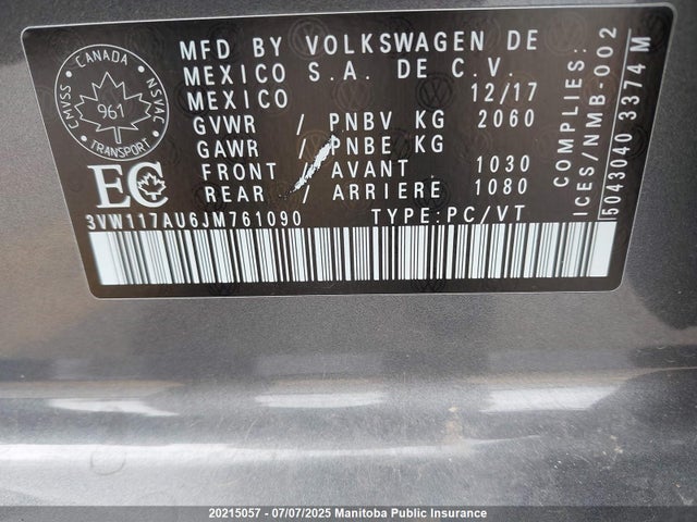 3VW117AU6JM761090 Volkswagen 2018