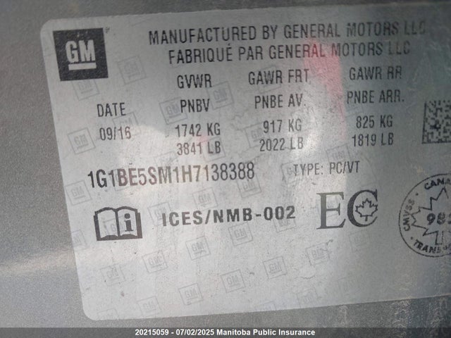 1G1BE5SM1H7138388 Chevrolet le2 -di: direct injection, vvt: variable valve timing, gen, alum