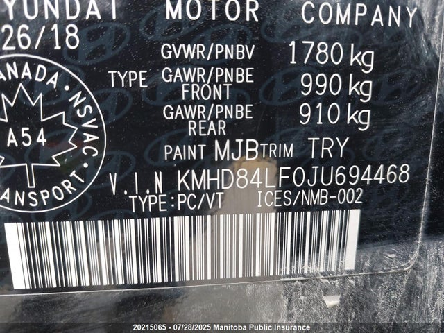 KMHD84LF0JU694468 Hyundai mpi nu