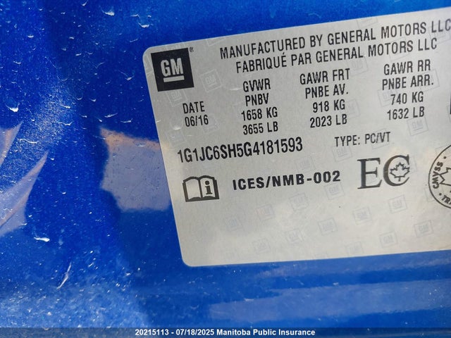 1G1JC6SH5G4181593 Chevrolet luw - e85 max