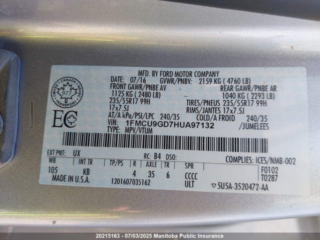 1FMCU9GD7HUA97132 Ford gtdi sigma w/premium fuel