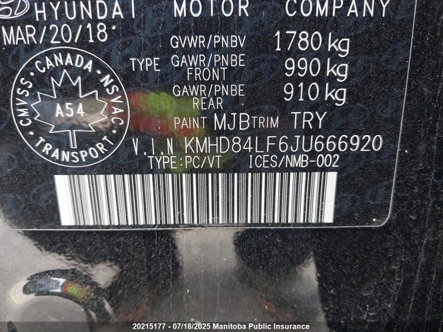 KMHD84LF6JU666920 Hyundai mpi nu
