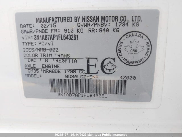 2015 Nissan Sentra 1.8 S მანქანა იყიდება აუქციონზე, vin: 3N1AB7AP1FL643281, აუქციონის ნომერი: 20215197
