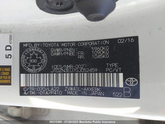 JTDZN3EU7GJ052459 Toyota 2zr-fxe, 5jm