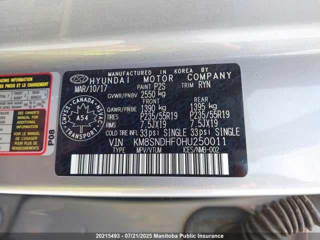 KM8SNDHF0HU250011 Hyundai gdi lambda ii