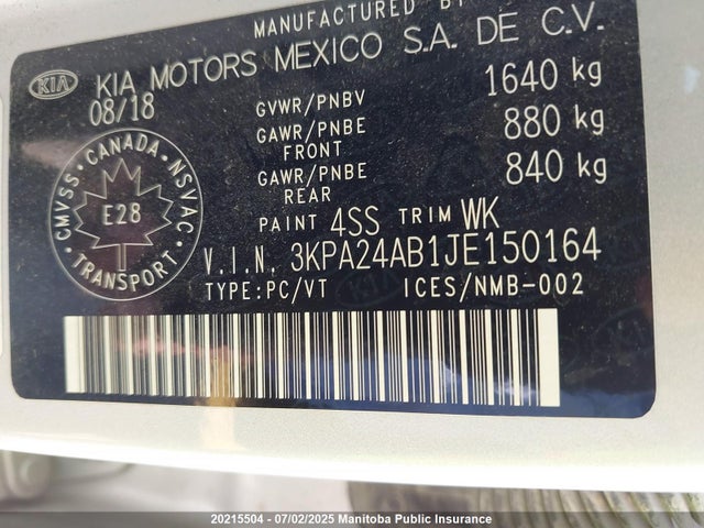 3KPA24AB1JE150164 KIA gdi gamma