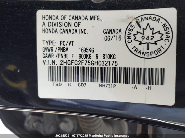 Honda k20c2 2016 2HGFC2F75GH032175 Image 9