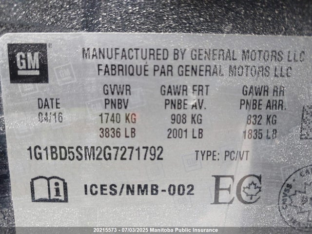 1G1BD5SM2G7271792 Chevrolet le2 - di: direct injection, alum, vvt, gen i, gmna