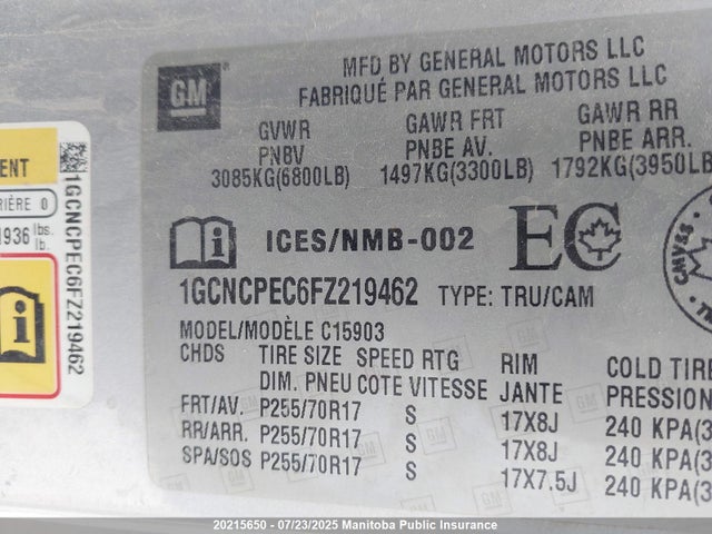 1GCNCPEC6FZ219462 Chevrolet l83 - vvt, active fuel management, aluminum