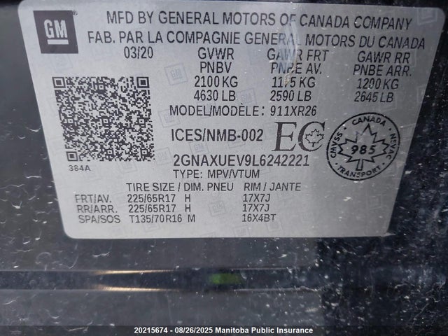 2GNAXUEV9L6242221 Chevrolet lyx - direct injection, vvt, fgt, turbo, alum, gen1