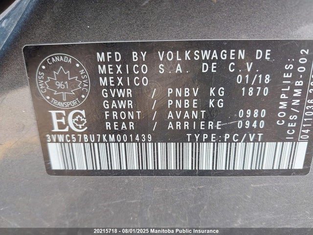 3VWC57BU7KM001439 Volkswagen 1.4 tsi