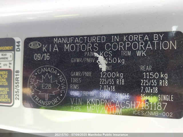 KNDPNCAC5H7181187 KIA gdi theta ii
