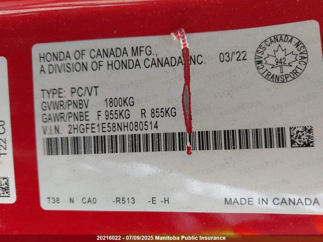 2HGFE1E58NH080514 Honda l15ca