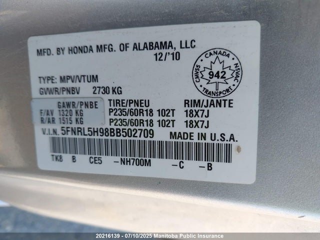 Aukcja sprzedaży 2011 Honda Odyssey Touring, vin: 5FNRL5H98BB502709, numer aukcji: 20216139