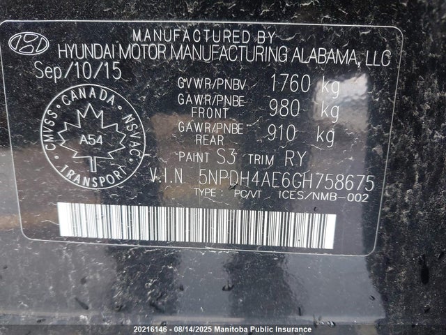 Hyundai dohc mpi nu 2016 5NPDH4AE6GH758675 Image 9