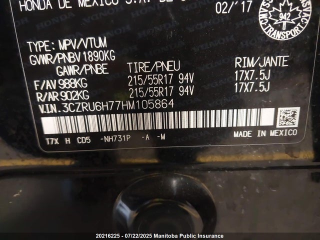 3CZRU6H77HM105864 Honda r18z9