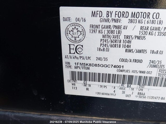 1FM5K8D85GGC74001 Ford 2016