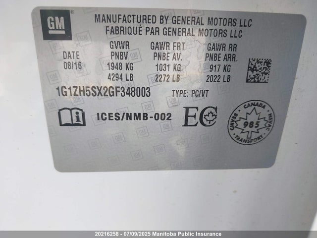 1G1ZH5SX2GF348003 Chevrolet ltg - sidi, alum dohc, vvt, dcvcp turbo, e0-e100, alum