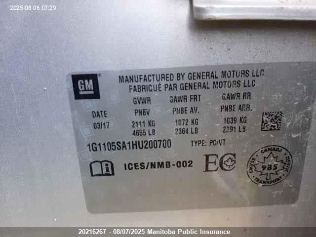 1G1105SA1HU200700 Chevrolet lcv -sidi: spark ignited direct injection, dcvcp, vvt: variable valve timing, e85 max, e0-e100, alum
