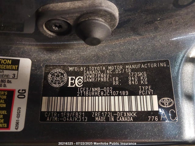 2T1BURHE8JC107189 Toyota 2zr-fe