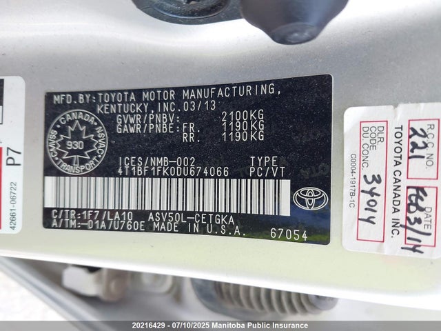 2013 Toyota Camry Xle მანქანა იყიდება აუქციონზე, vin: 4T1BF1FK0DU674066, აუქციონის ნომერი: 20216429