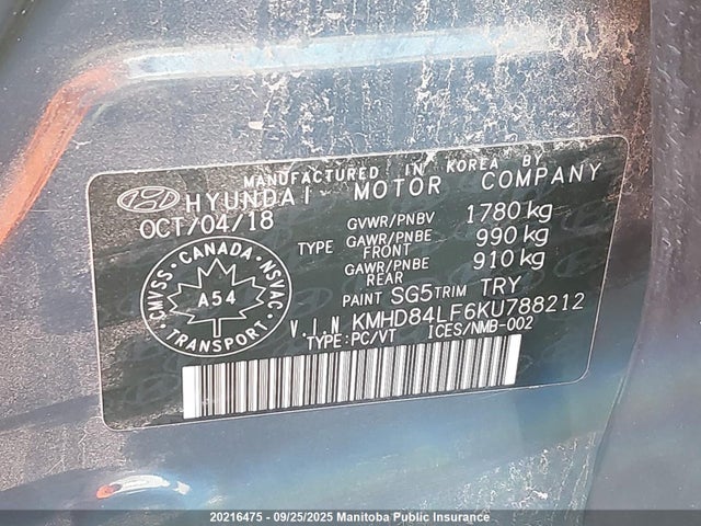 KMHD84LF6KU788212 Hyundai mpi nu