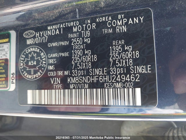 KM8SNDHF6HU249462 Hyundai gdi lambda ii