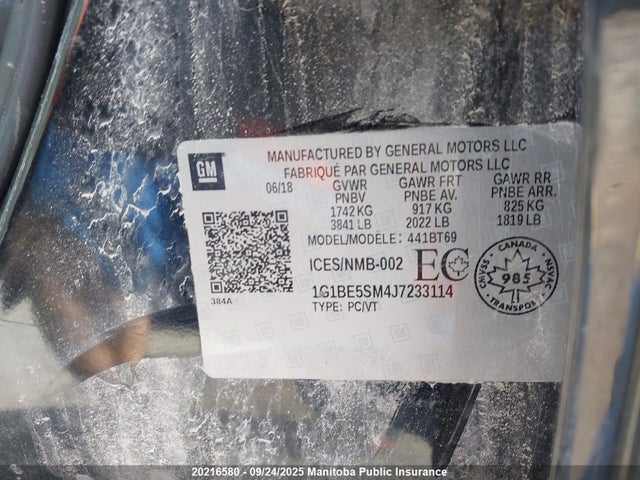 1G1BE5SM4J7233114 Chevrolet le2 -di: direct injection, vvt: variable valve timing, gen, alum