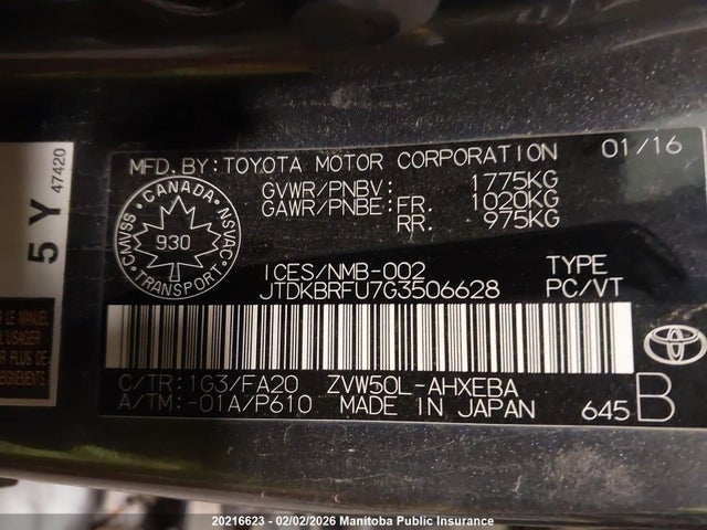 JTDKBRFU7G3506628 Toyota Prius