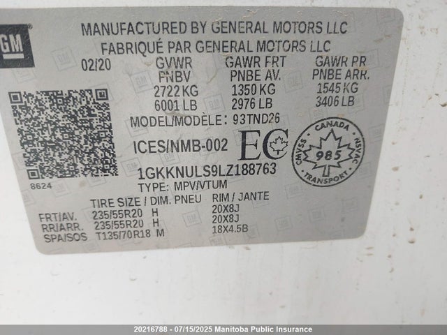 1GKKNULS9LZ188763 GMC lgx - direct injection, variable valve timing, alum, gen 2
