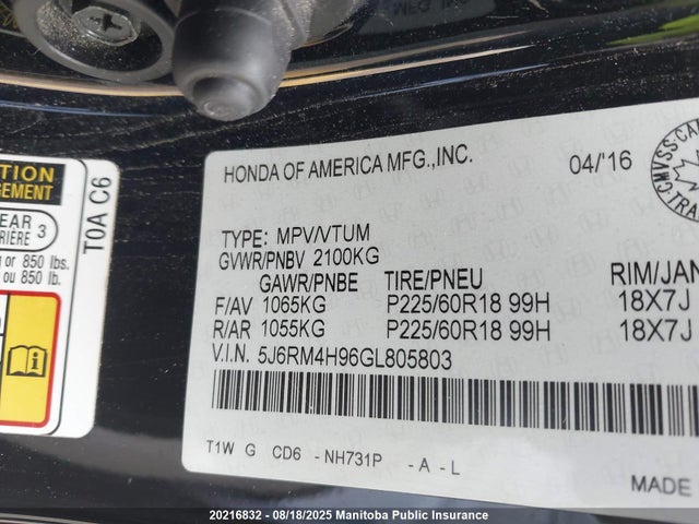 Honda k24w9 2016 5J6RM4H96GL805803 Image 9