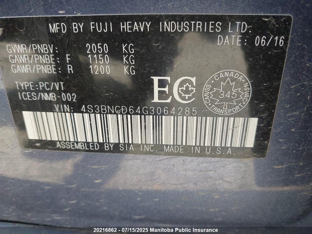 4S3BNCD64G3064285 Subaru 2.5l c0