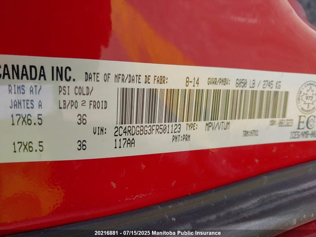 2C4RDGBG3FR501123 Dodge Grand Caravan