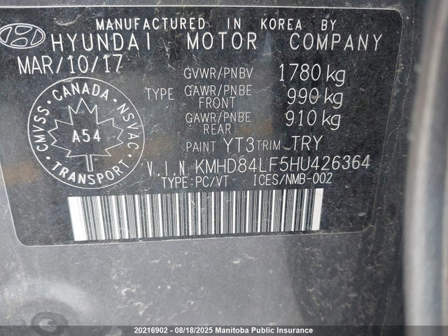 KMHD84LF5HU426364 Hyundai 2017