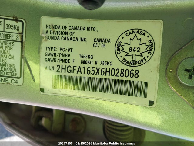 Продажа на аукционе авто 2006 Honda Civic Lx, vin: 2HGFA165X6H028068, номер лота: 20217105
