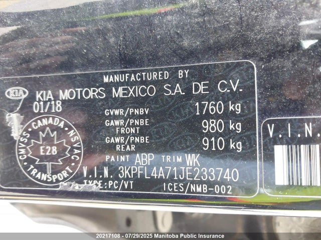 3KPFL4A71JE233740 KIA mpi nu