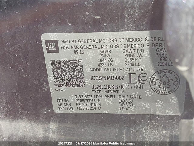 3GNCJKSB7KL177291 Chevrolet luv - mfi, variable valve timing, e85 max, alum