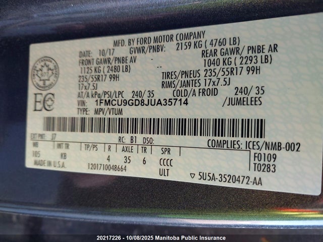 1FMCU9GD8JUA35714 Ford 1.5l gtdi sigma w/premium fuel