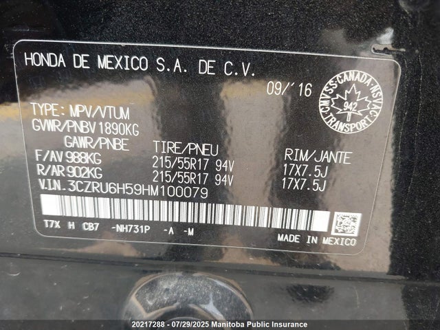 3CZRU6H59HM100079 Honda r18z9