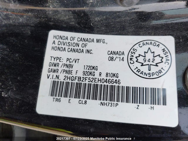 Honda r18z1 2014 2HGFB2F52EH046646 Image 8