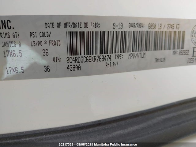 2C4RDGCG6KR768474 Dodge 2019