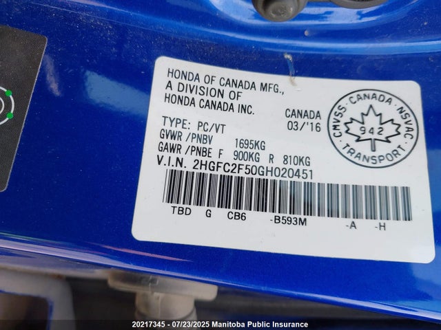 2HGFC2F50GH020451 Honda k20c2