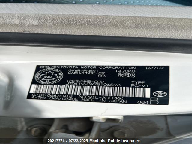 Auction sale of the 2007 Toyota Yaris Le, vin: JTDKT923X75106593, lot number: 20217371