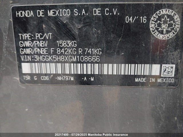 3HGGK5H8XGM108666 Honda l15b1