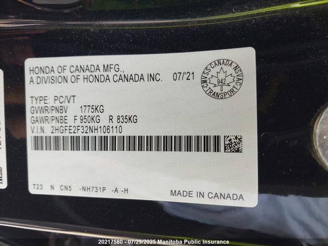 2HGFE2F32NH106110 Honda CIVIC EX