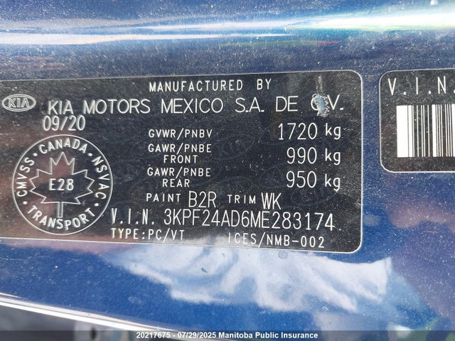 3KPF24AD6ME283174 KIA mpi nu