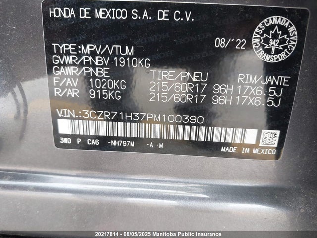 3CZRZ1H37PM100390 Honda k20z5
