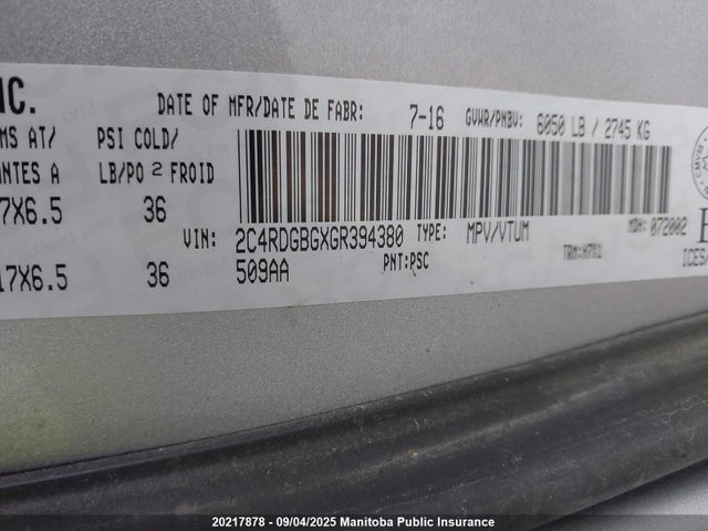 2C4RDGBGXGR394380 Dodge Grand Caravan