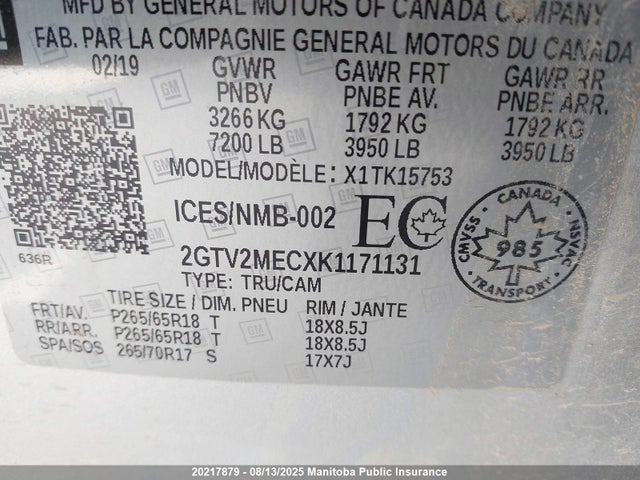 GMC l83 - sidi vvt, afm, e85 max, alum, gm 2019 2GTV2MECXK1171131 Image 9
