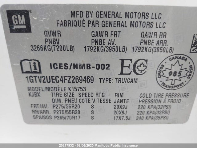 1GTV2UEC4FZ269469 GMC l83 - vvt, active fuel management, aluminum